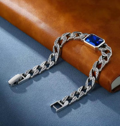 Blue Stone Tang Grass Pattern Cuban Bracelet